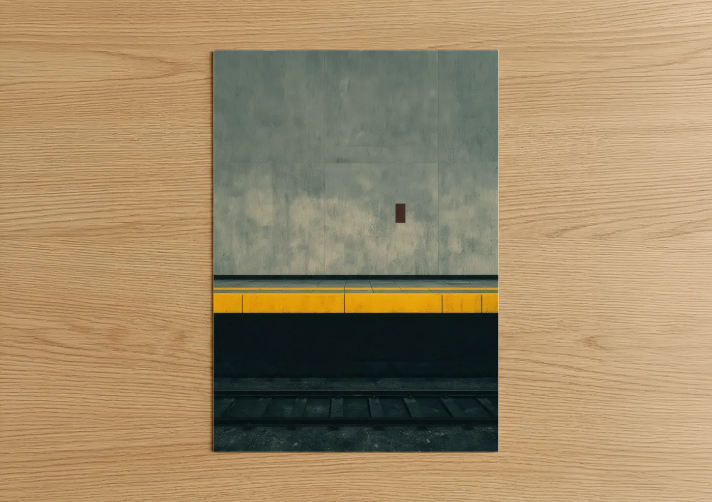 Art print on warm oak wood — gray and yellow gold palette — Urban Subway Minimalist poster