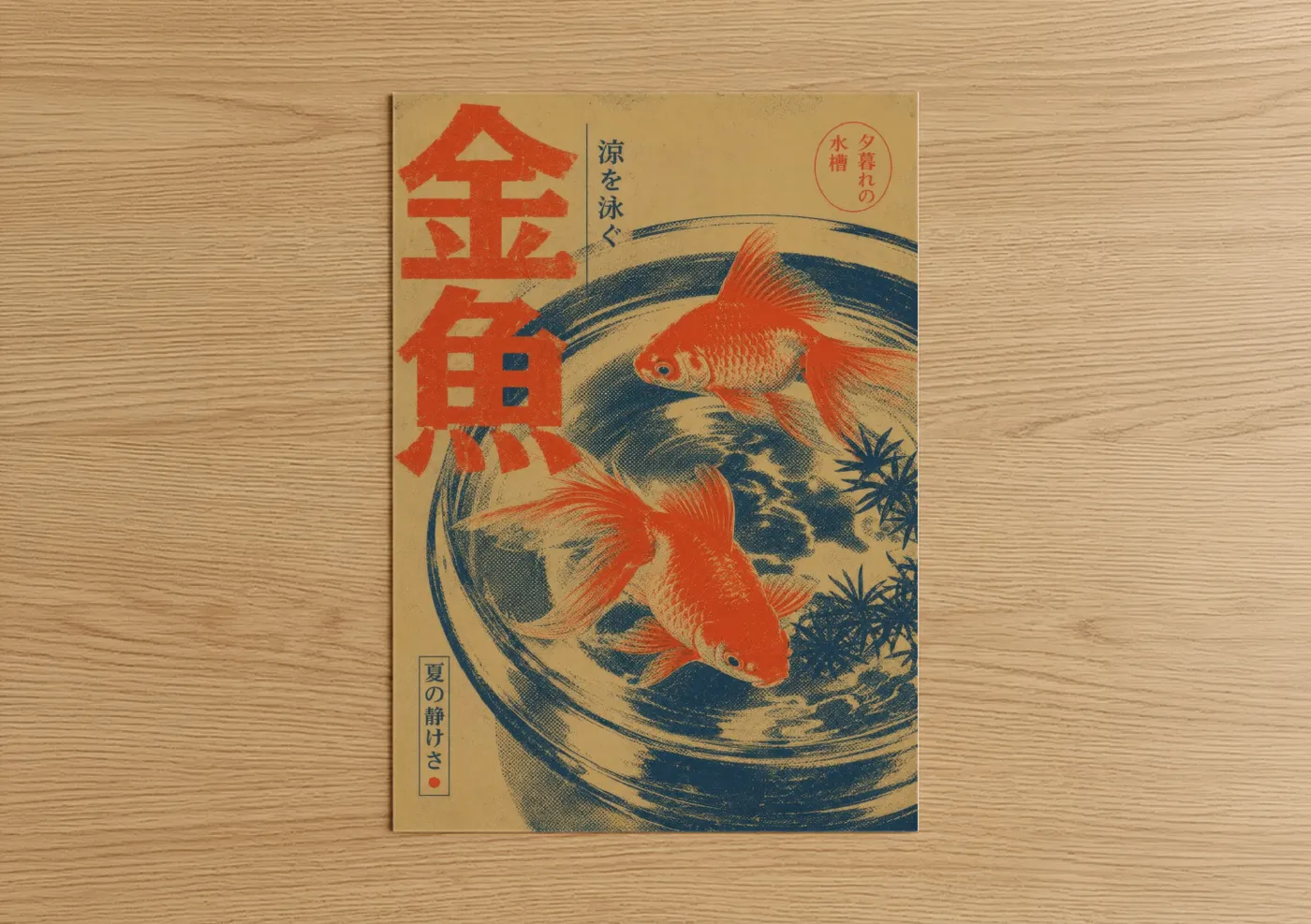 Art print on warm oak wood — red and blue palette — Japanese Goldfish Bowl Wall Art poster