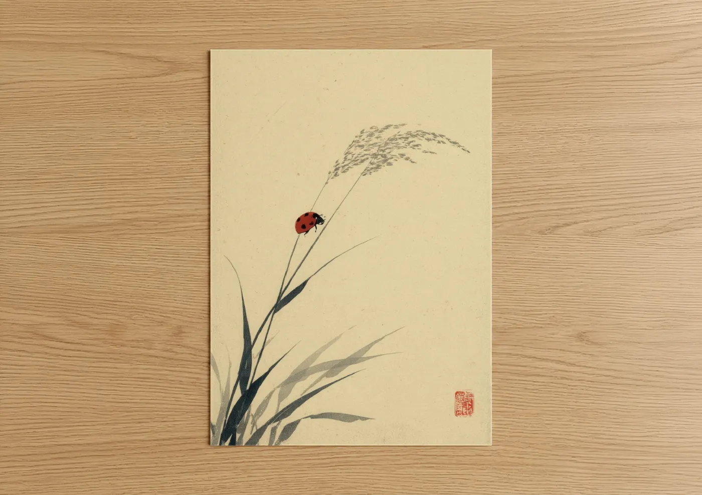 Red Ladybug on Grass Japanese Art Wall Art
