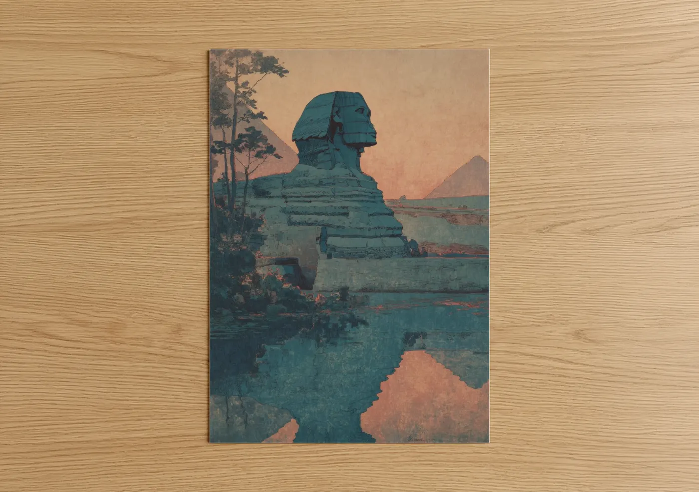 Art print on warm oak wood — teal and peach palette — Ancient Sphinx poster