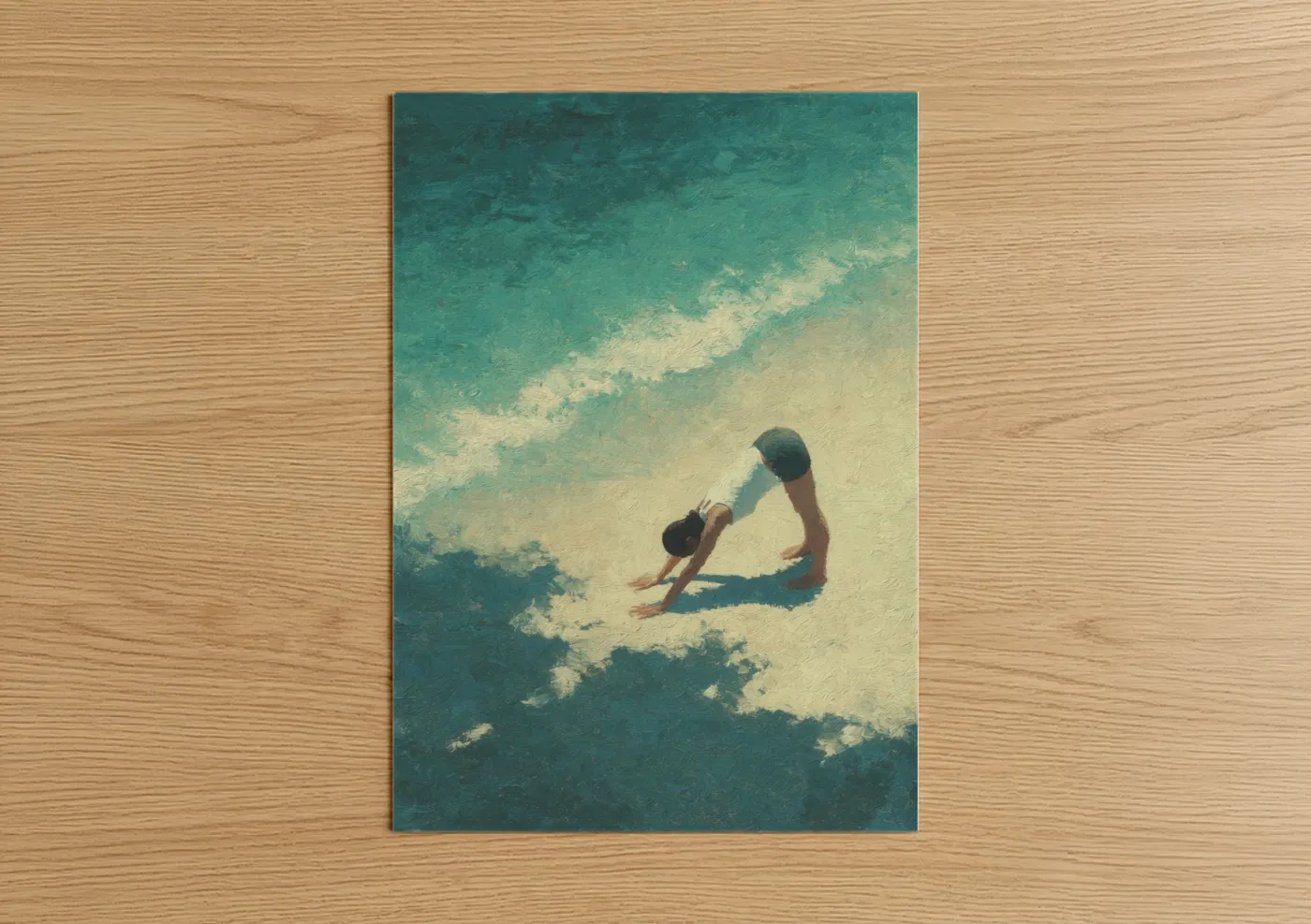 Art print on warm oak wood — turquoise and cream palette — Beachside Yoga poster