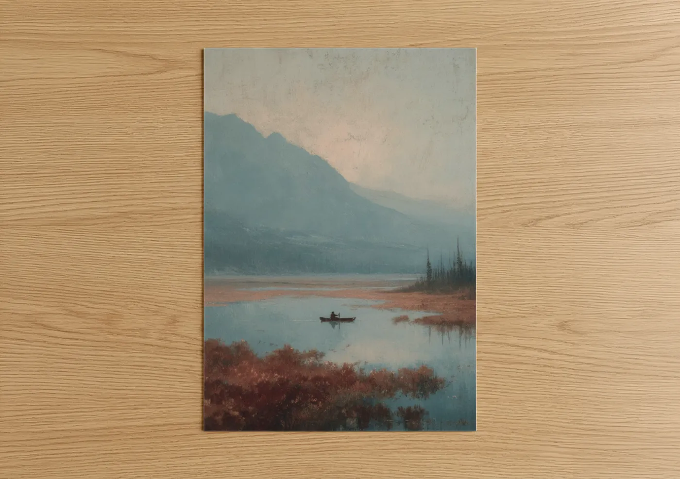 Misty Mountain Lake Kayak Landscape Wall Art