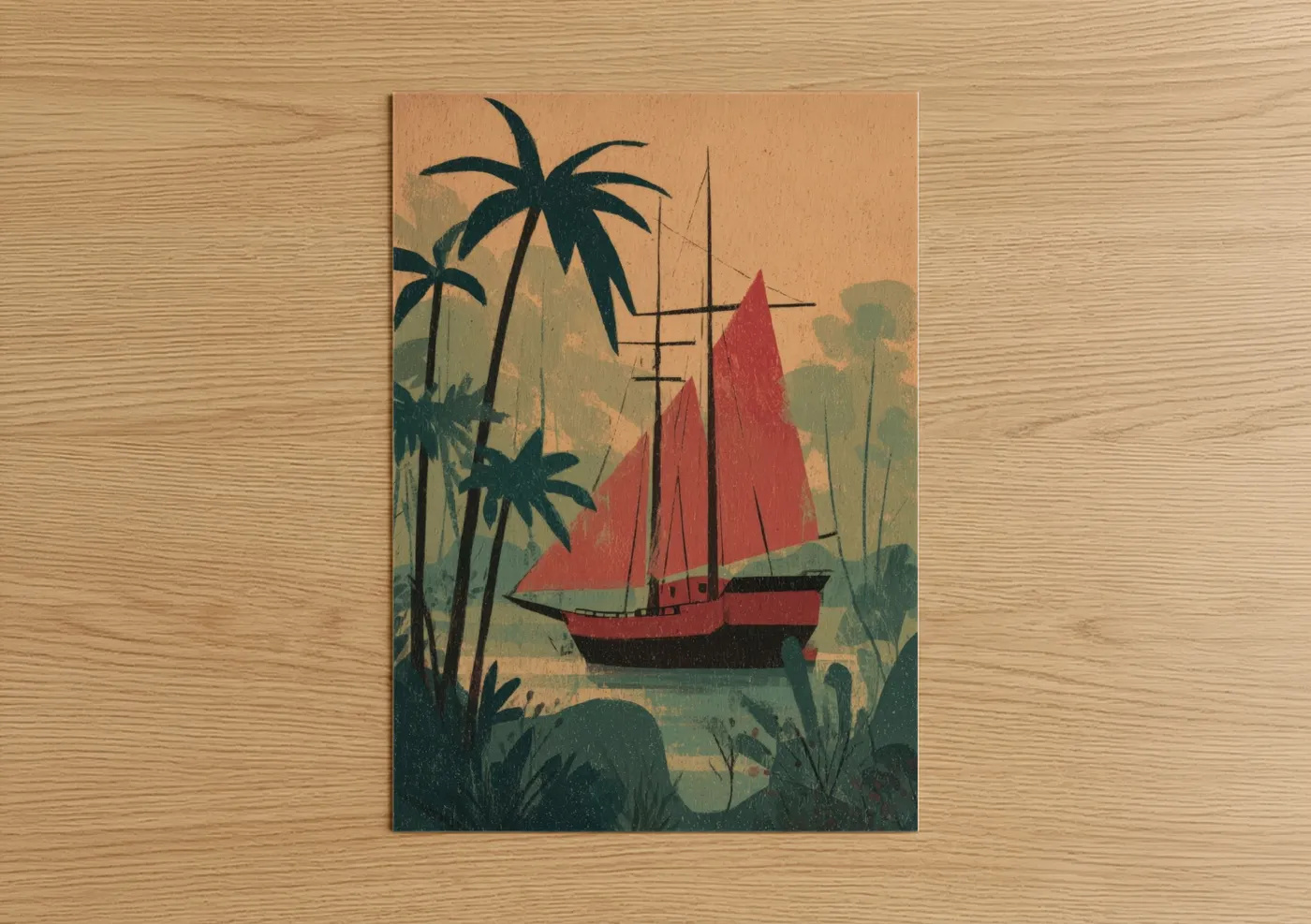 Red Sailing Ship Tropical Vintage Wall Art