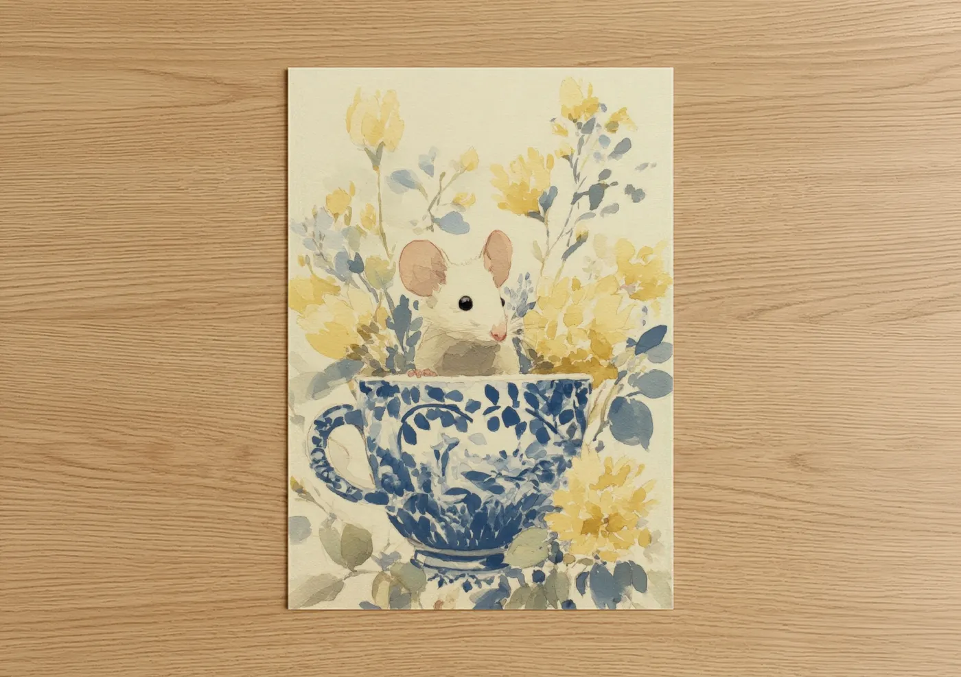 Teacup Mouse Yellow Flowers Watercolor Wall Art