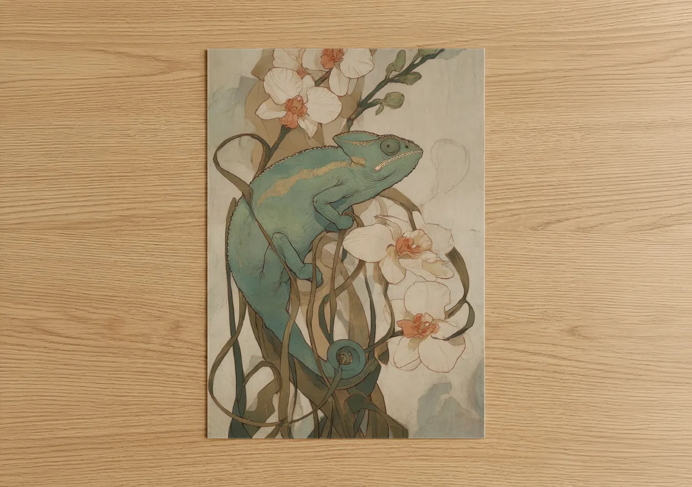 Turquoise Chameleon with Orchid Flowers Wall Art