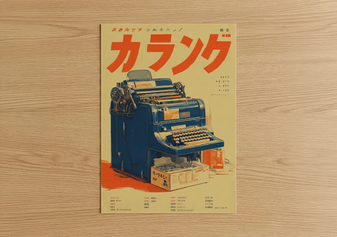 Vintage japanese ads art print on warm oak wood — cream and blue and gold palette — Karanji Typewriter poster