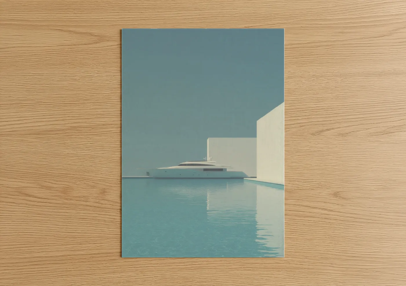 Yacth art print on warm oak wood — turquoise and cream palette — Minimalist Yacht poster