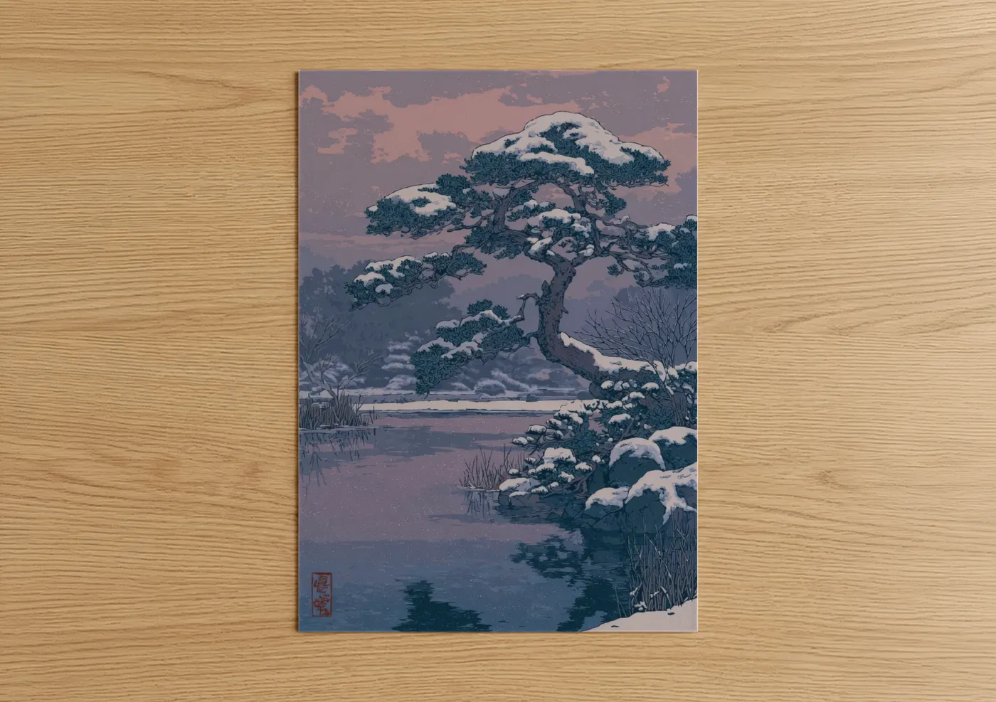 Cedar tree art print on warm oak wood — lavender and dark blue palette — Snowy Cedar Sanctuary poster