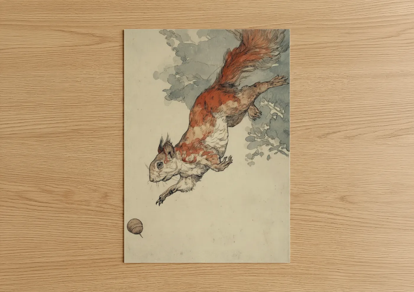 Red Squirrel Leaping Watercolor Illustration Wall Art