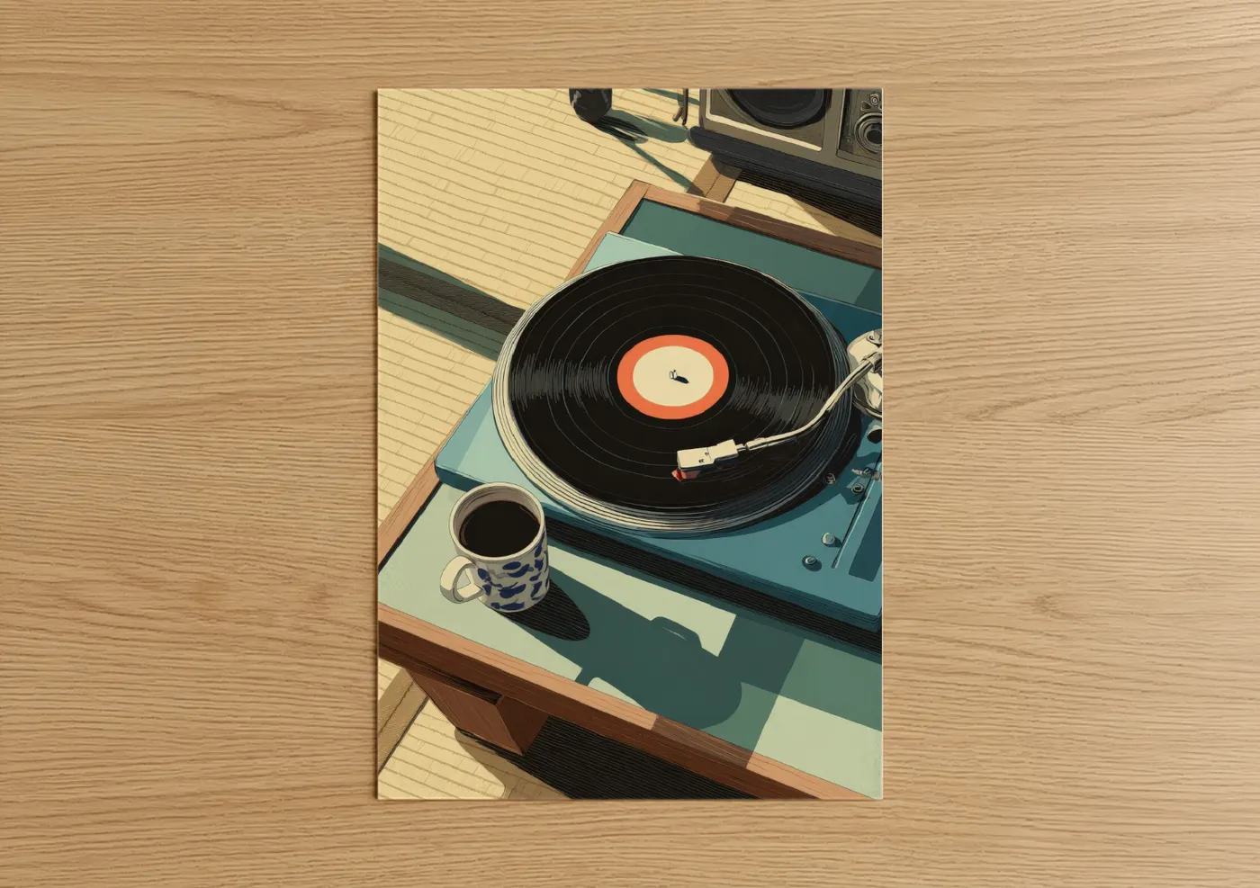 Vinyl records art print on warm oak wood — cream and teal palette — Retro Vinyl Setup poster