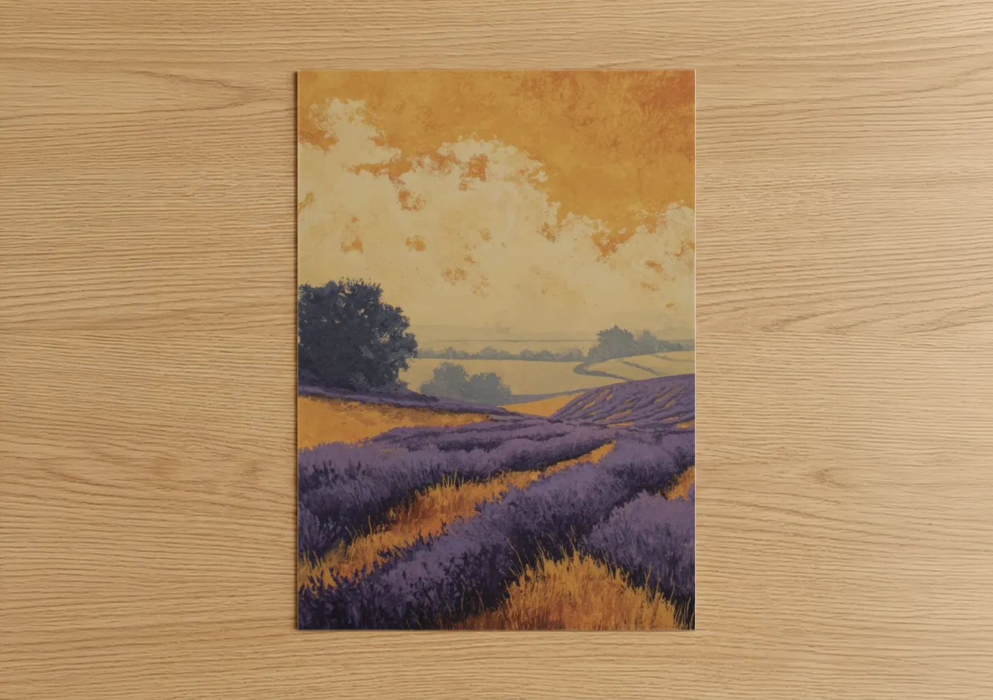 Lavender field art print on warm oak wood — gold and purple palette — Golden Lavender Valley poster