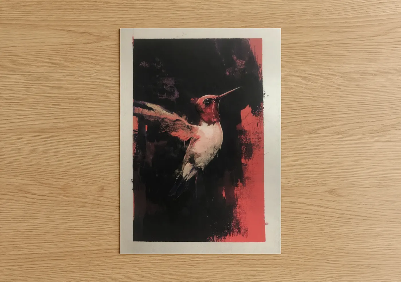 Art print on warm oak wood — red and black palette — Crimson Hummingbird poster
