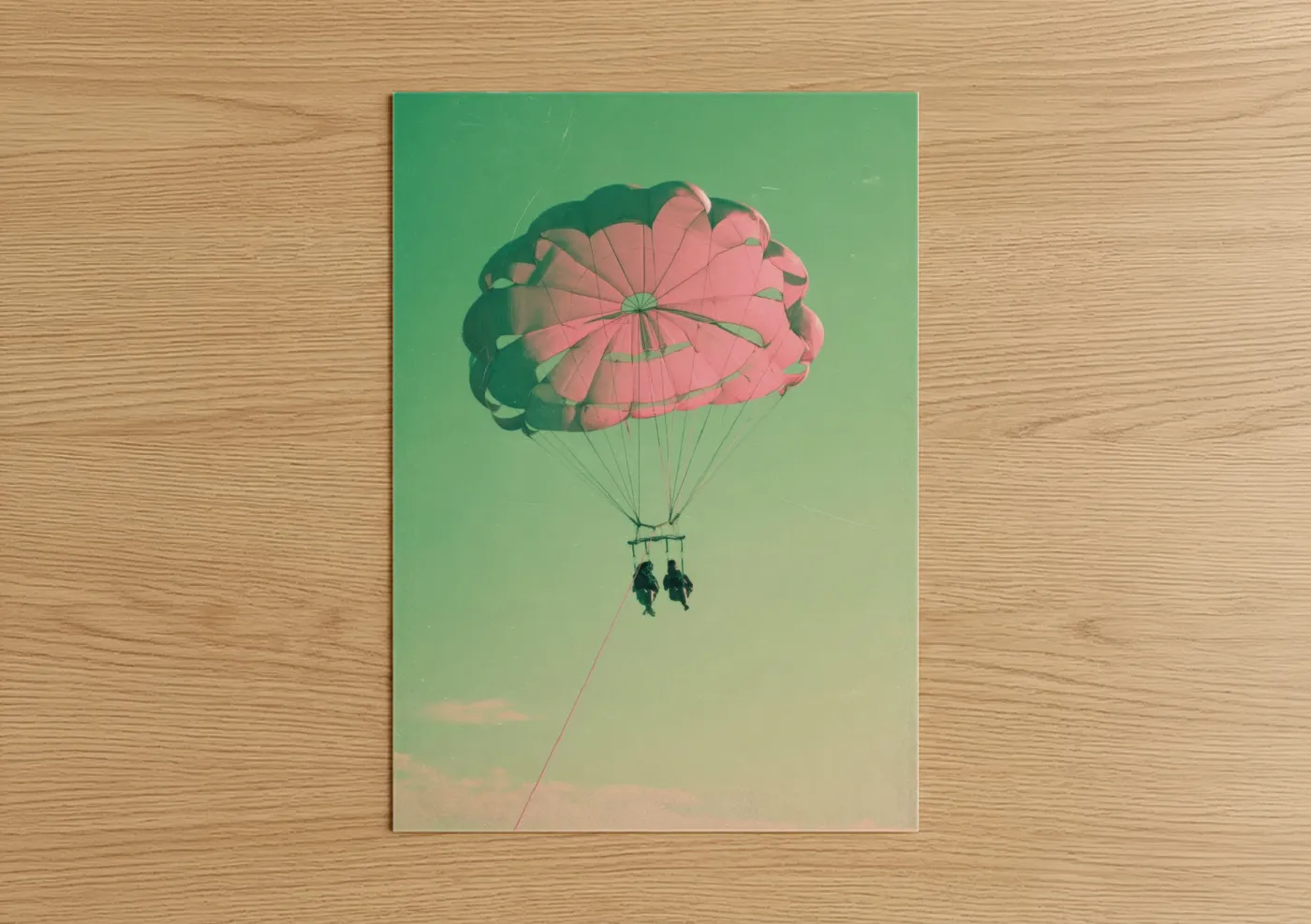 Parasailing art print on warm oak wood — pink and sage green palette — Pink Parasail Adventure poster