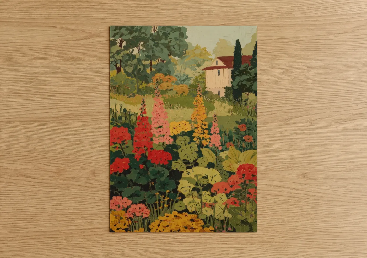 Art print on warm oak wood — gold and green palette — Cottage Geranium Garden poster