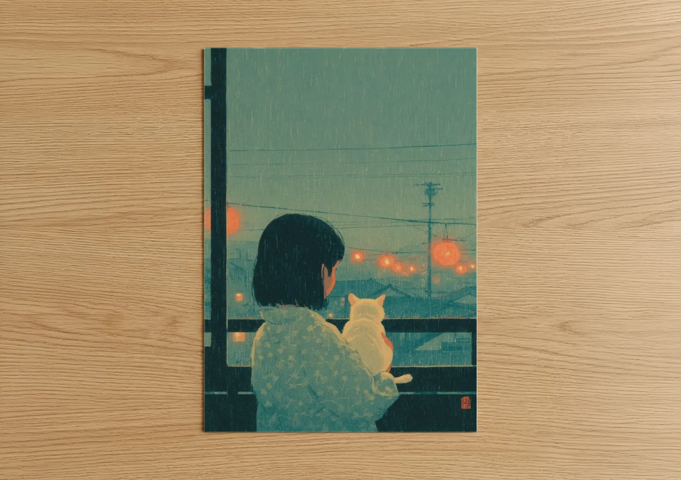 Child with Cat Rainy Evening Window Wall Art
