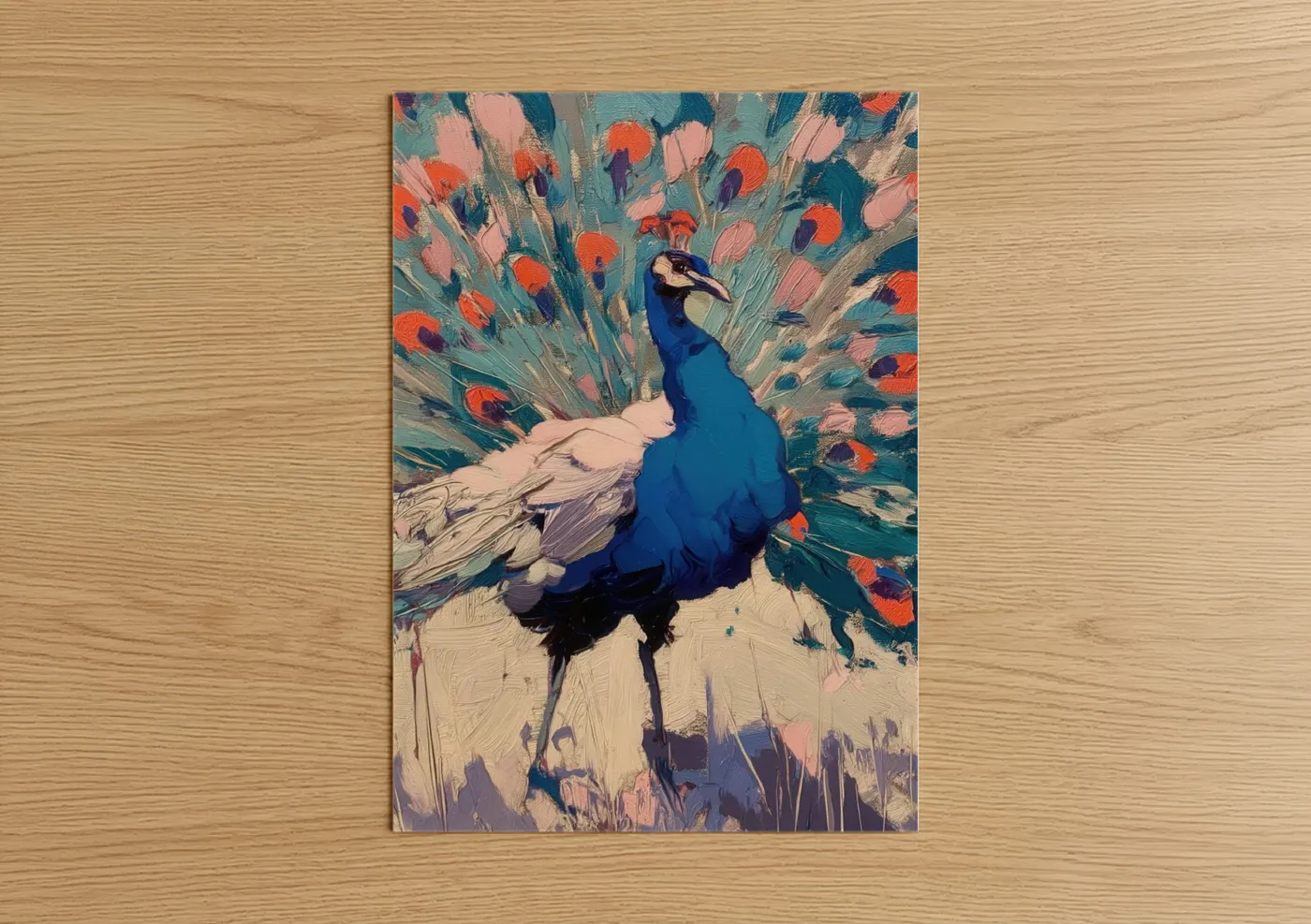 Art print on warm oak wood — blue and orange palette — Royal Peacock Display poster