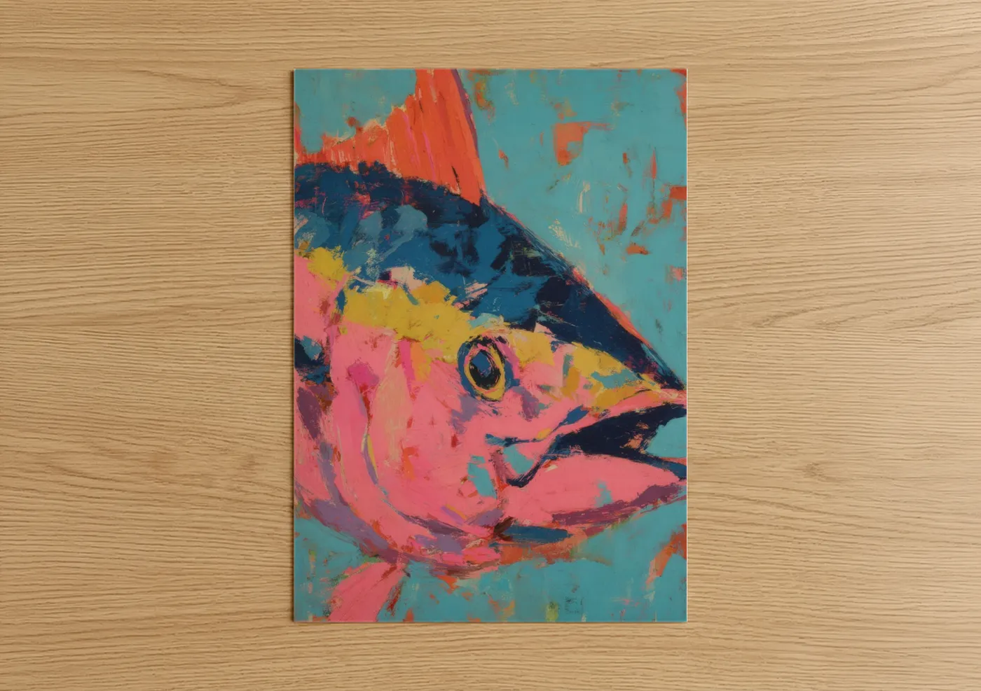 Art print on warm oak wood — pink and blue palette — Vibrant Tuna poster