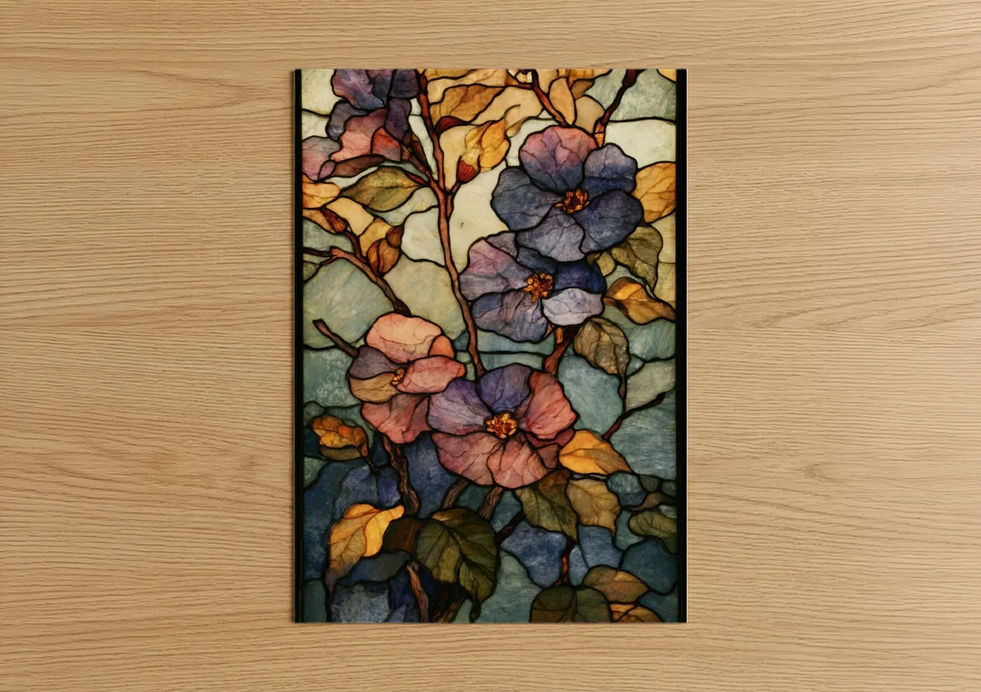 Art print on warm oak wood — gold and blue palette — Stained Glass Violets poster