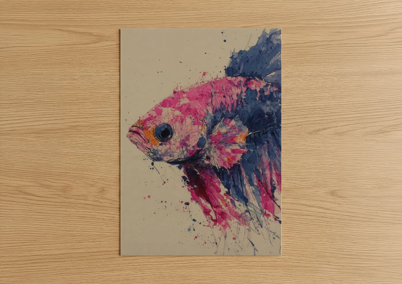 Art print on warm oak wood — magenta and dark blue palette — Crimson Betta Fish poster