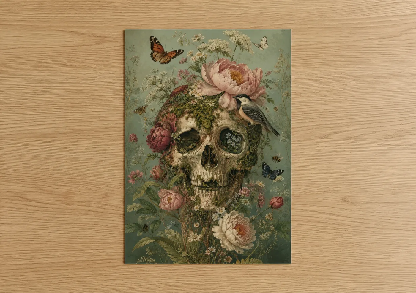 Art print on warm oak wood — sage green and pink palette — Floral Skull With Butterflies Wall Art poster