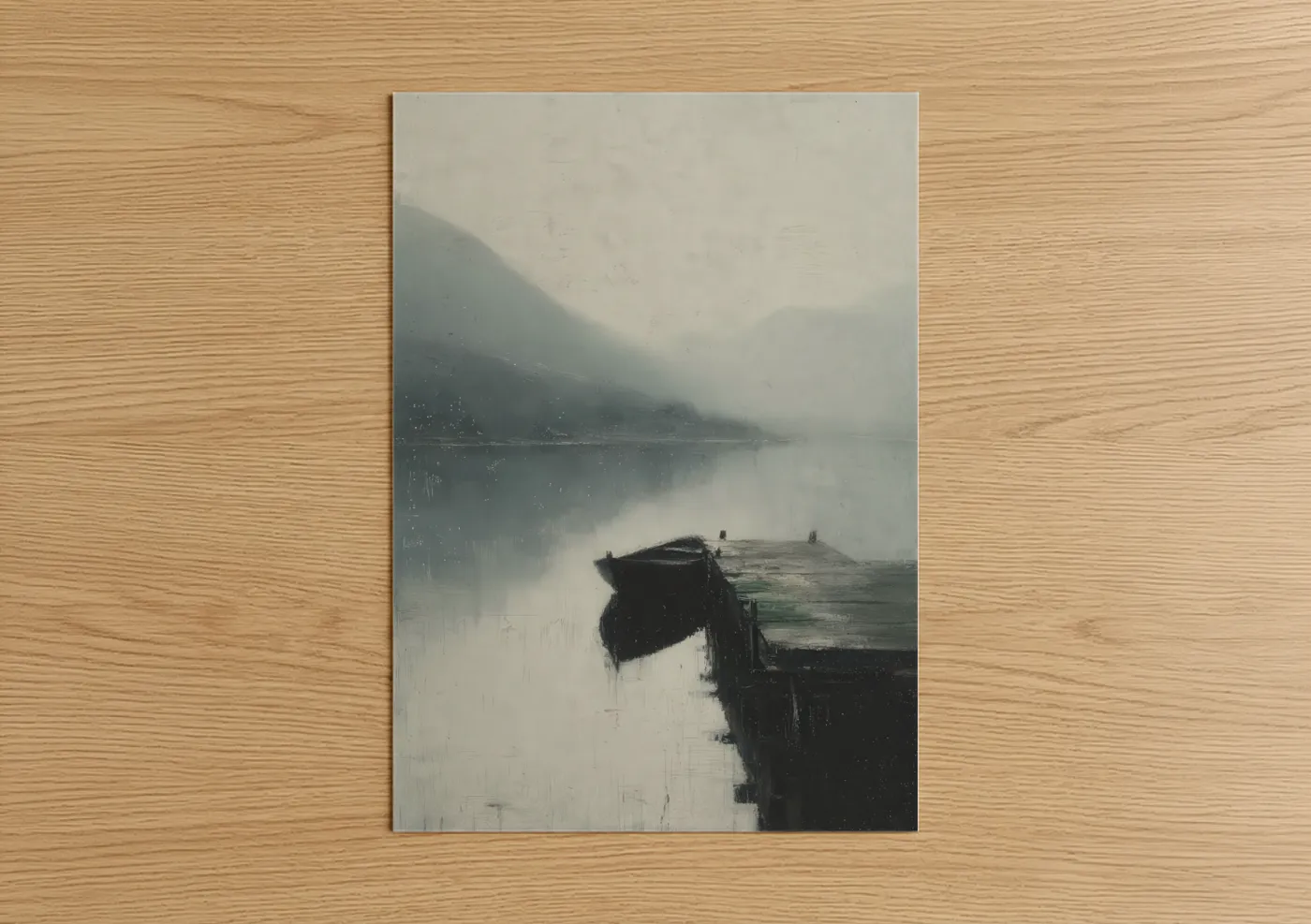 Docks and piers art print on warm oak wood — gray and white and dove gray palette — Misty Dock Reflection poster