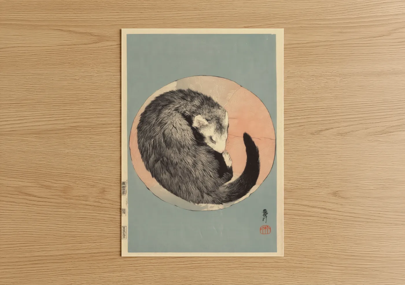 Curled Ferret Japanese Woodblock Wall Art