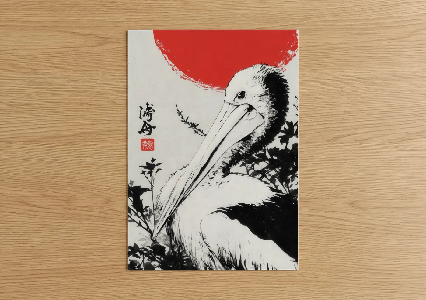 Crimson Pelican Japanese Art Print Wall Art