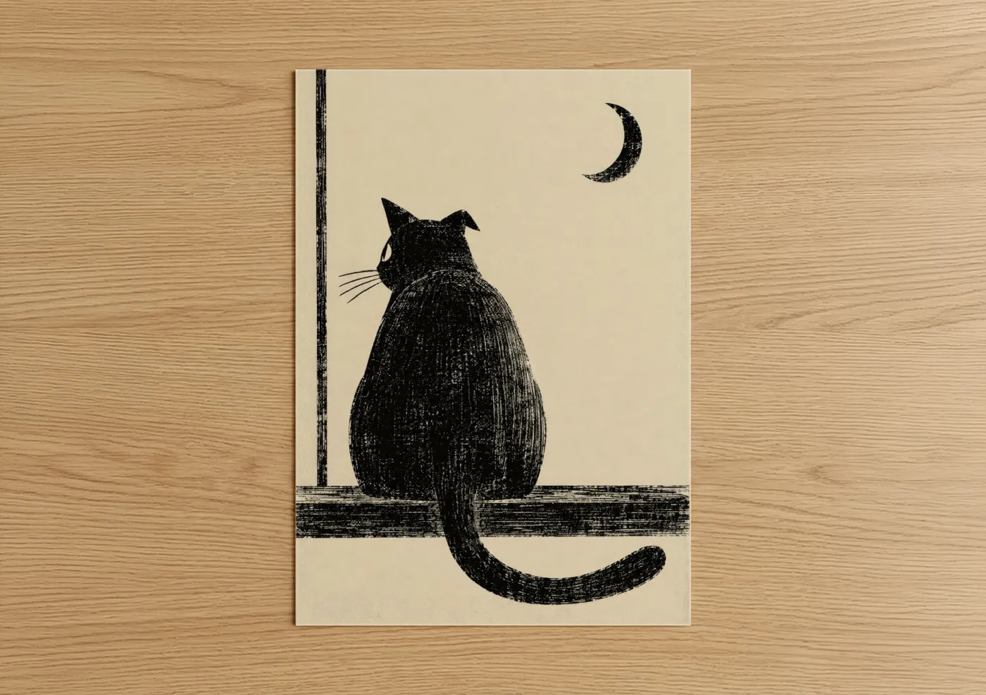 Art print on warm oak wood — black and white and beige palette — Black Cat Gazing at Moon Wall Art poster