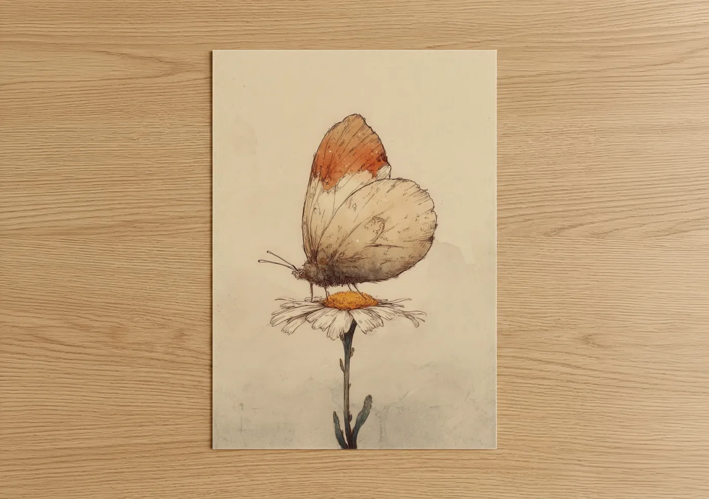 Art print on warm oak wood — cream and russet palette — Cream Butterfly Daisy poster