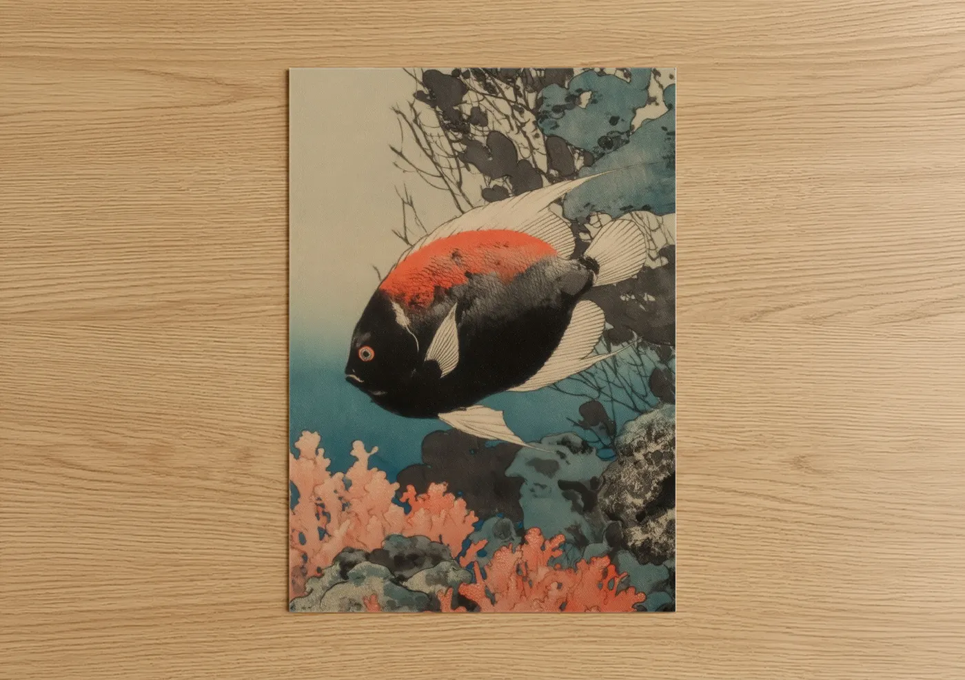 Angel fish art print on warm oak wood — teal and red palette — Coral Reef Angel poster