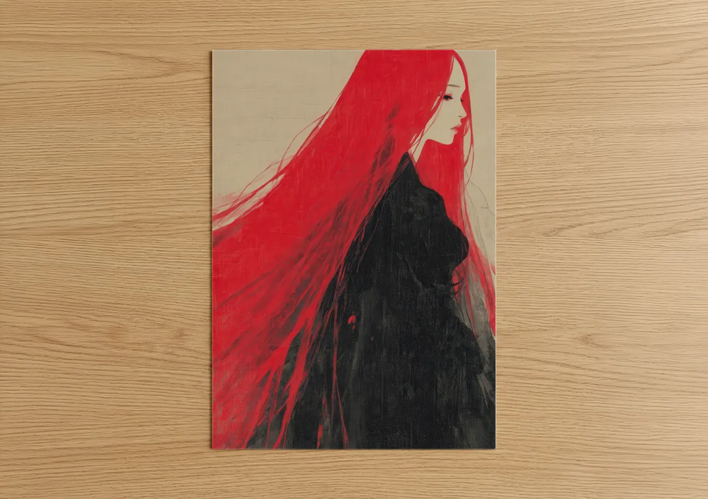 Red Long Hair Fashion Illustration Wall Art
