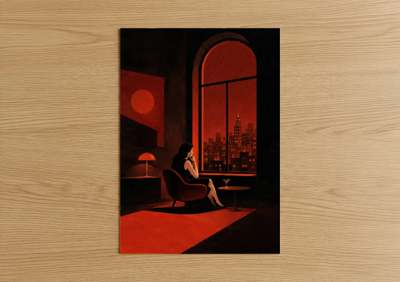 Skyscraper art print on warm oak wood — red and black palette — Evening Skyline Silhouette Wall Art poster