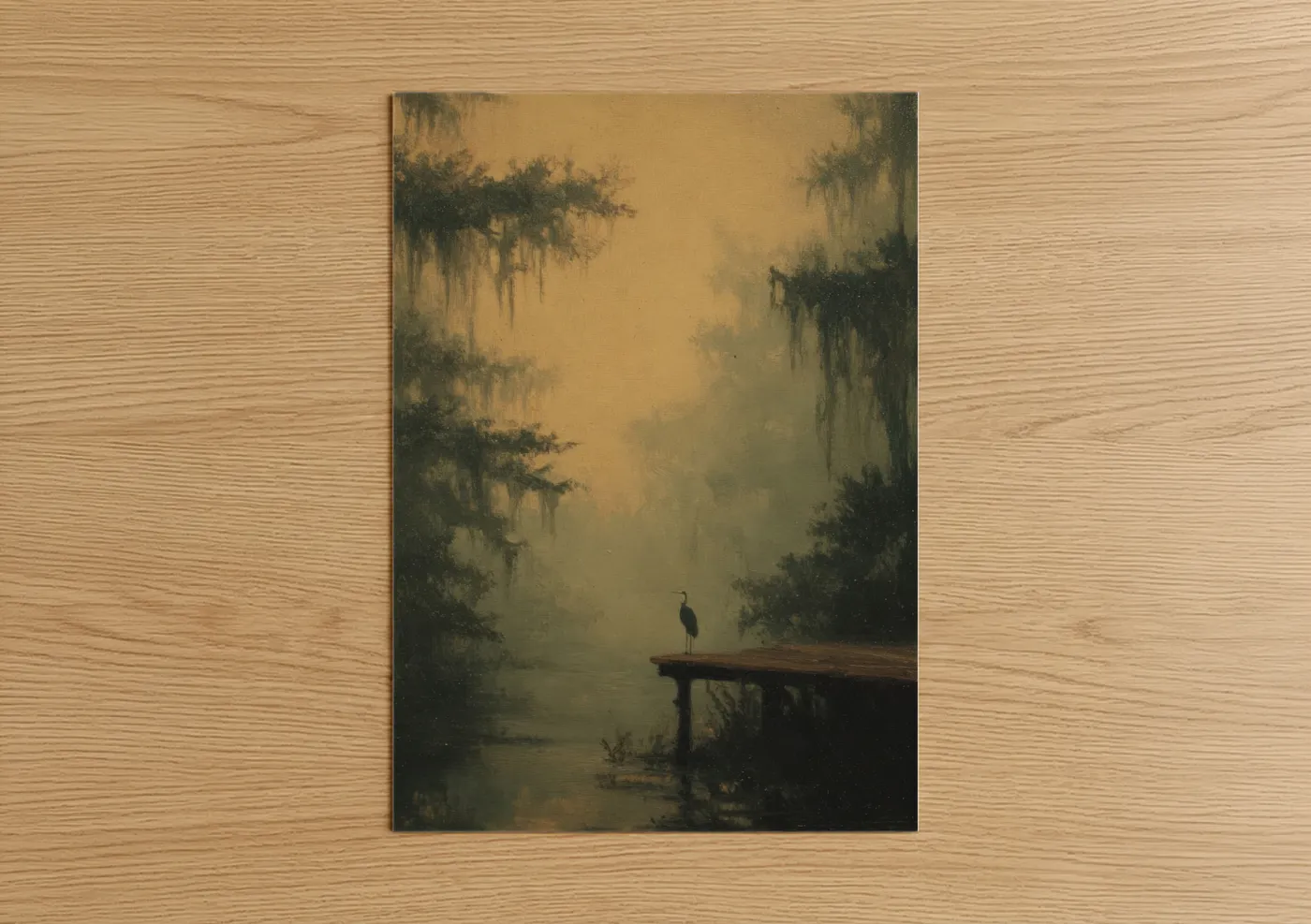 Heron on Dock Misty Morning Watercolor Wall Art