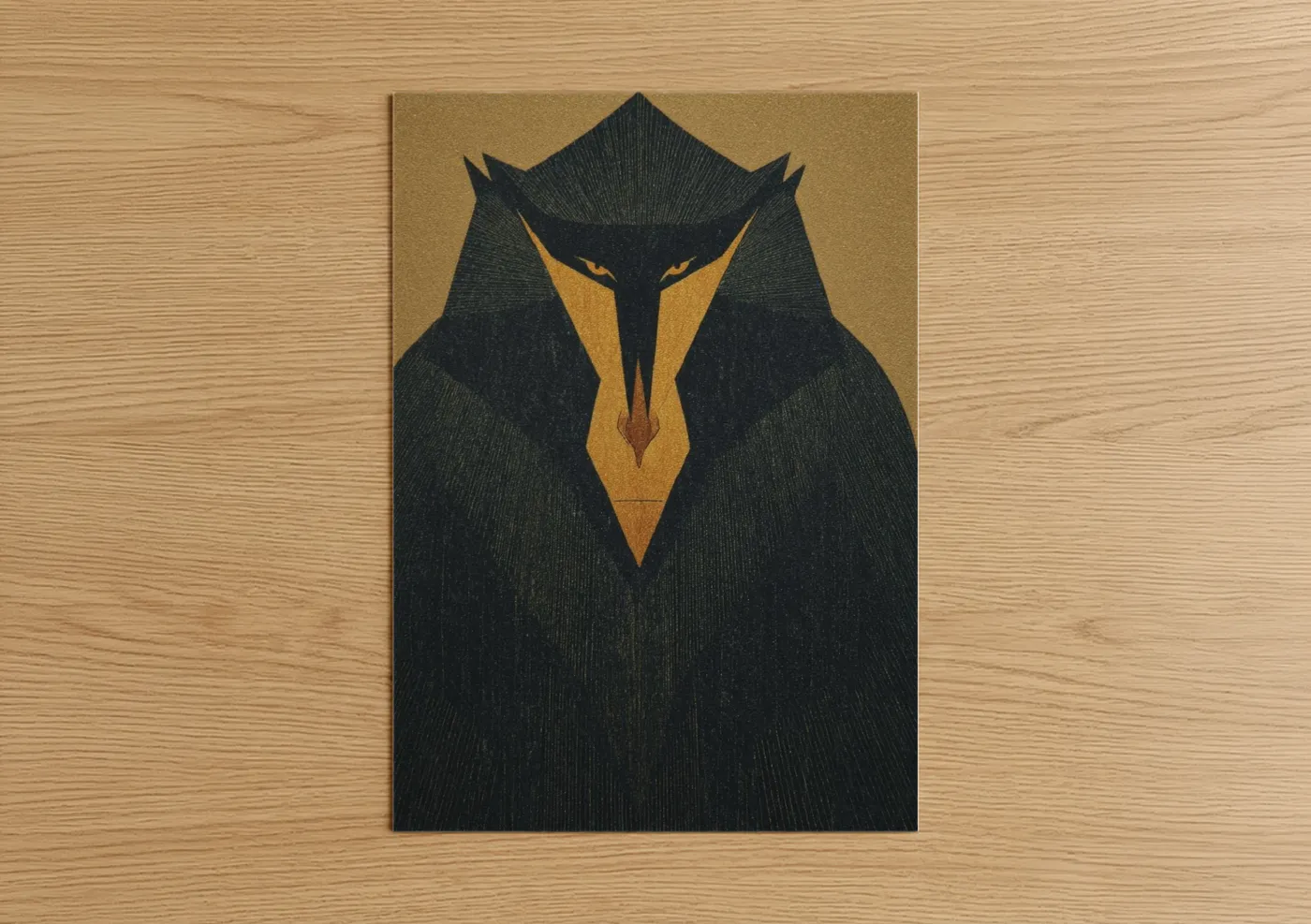 Monkey art print on warm oak wood — gold and black palette — Golden Primate poster