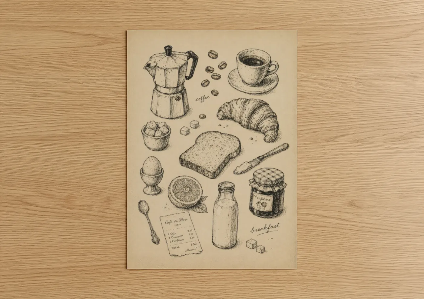 Art print on warm oak wood — beige and black and white palette — Coffee and Breakfast Illustration Wall Art poster
