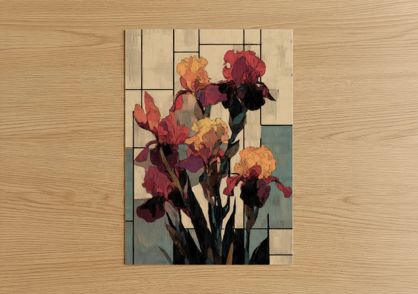 Art print on warm oak wood — gold and maroon palette — Geometric Iris poster