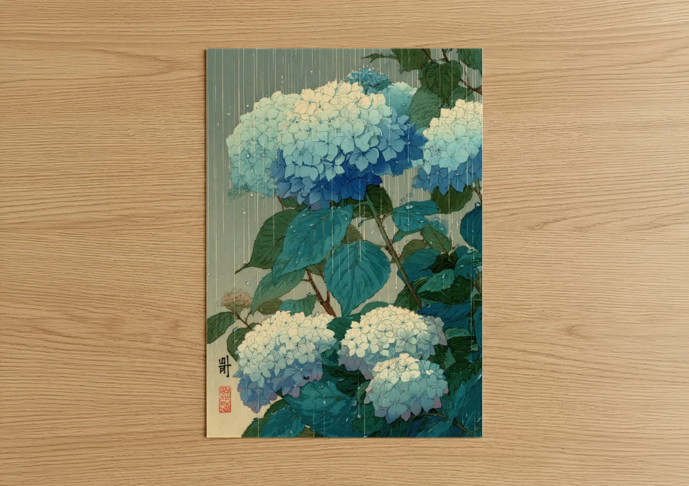 Blue Hydrangea Flowers Japanese Art Print Wall Art