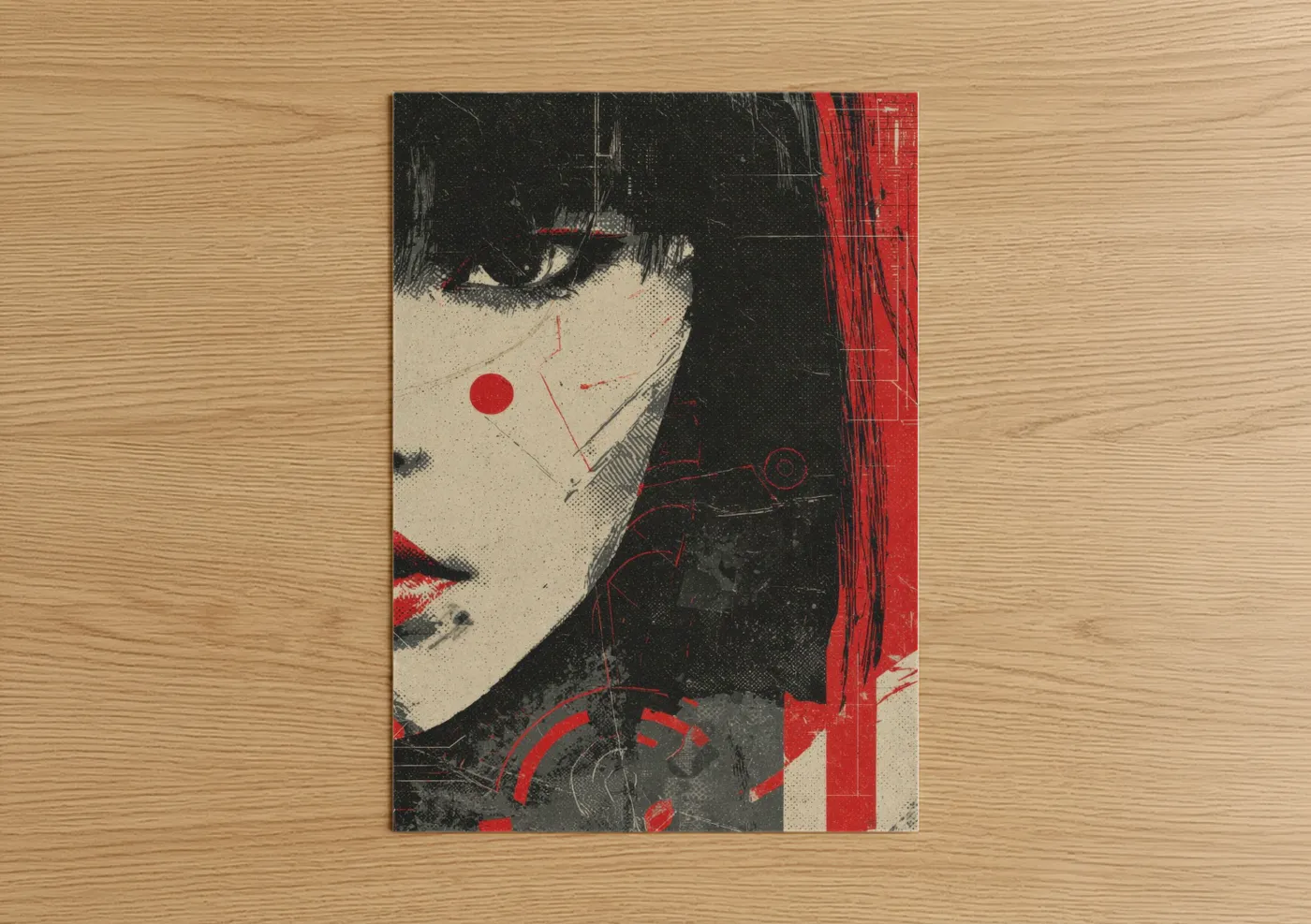Japanese retrofuturism art print on warm oak wood — red and black and white palette — Neon Portrait Woman poster