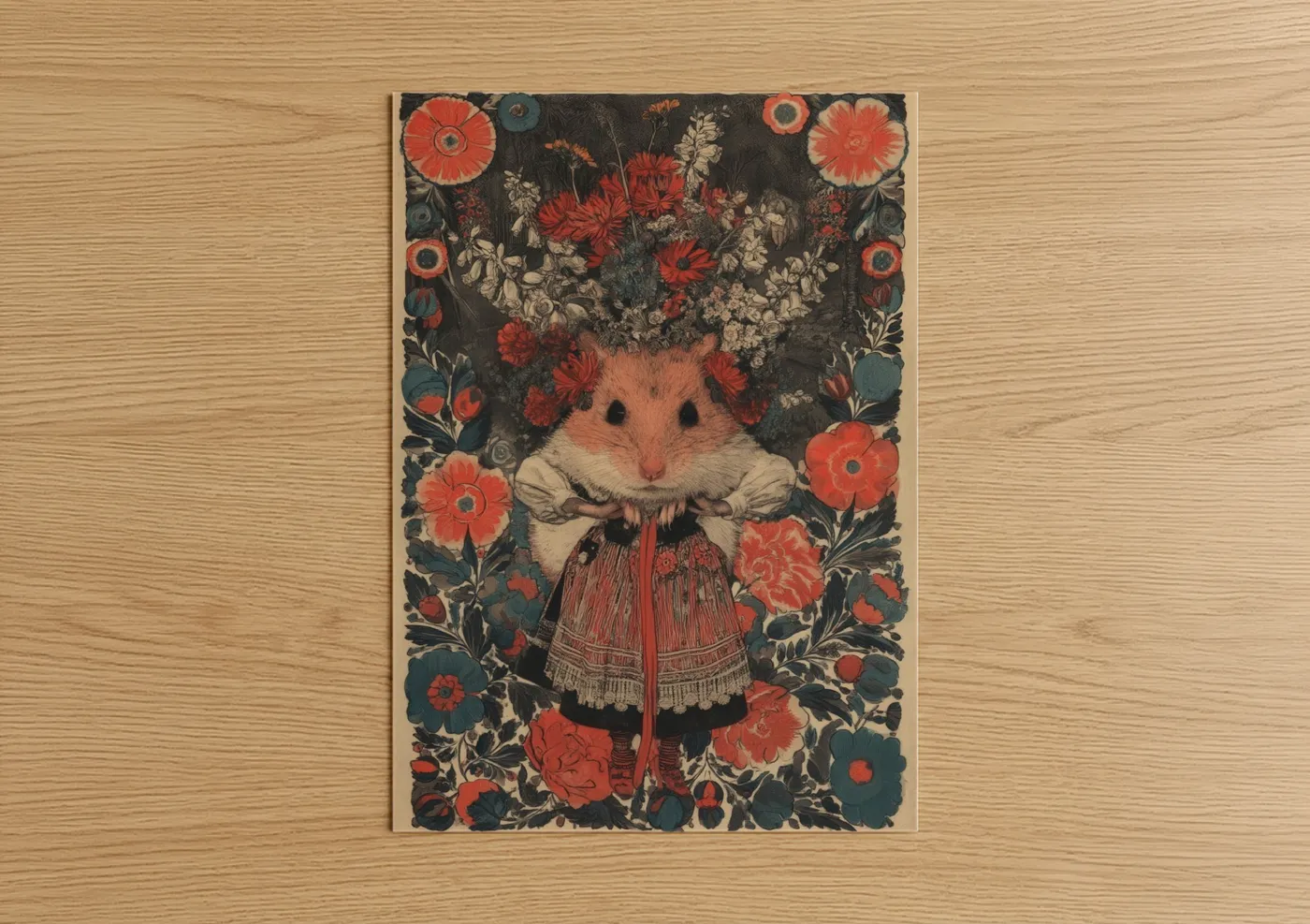 Art print on warm oak wood — red and dark blue palette — Floral Hamster poster
