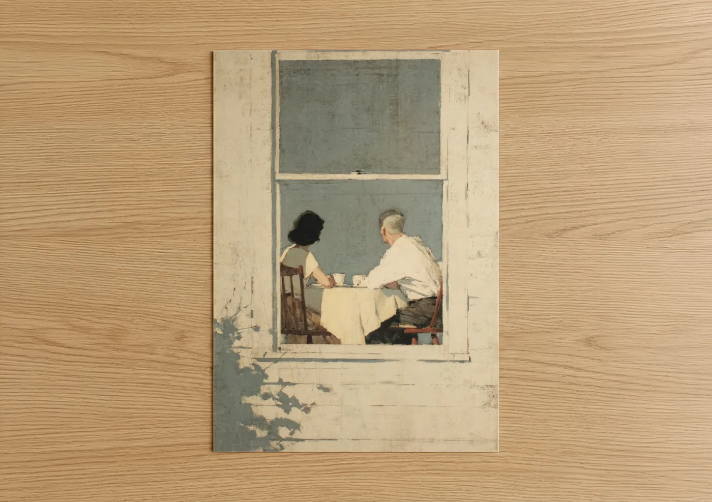 Couple art print on warm oak wood — cream and dove gray palette — Quiet Conversation poster