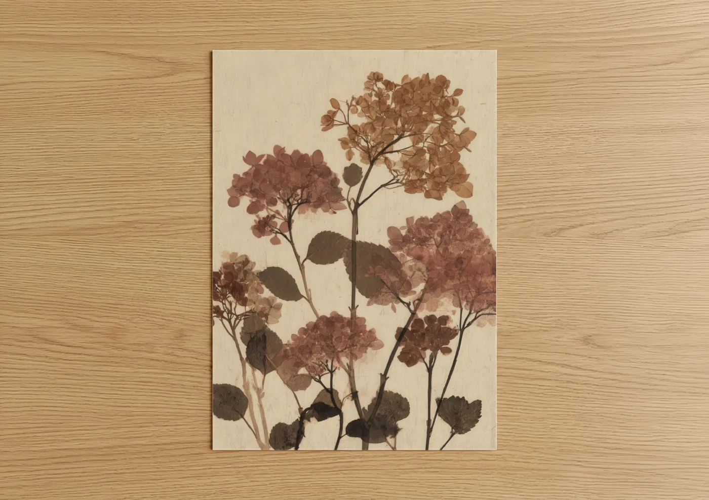 Art print on warm oak wood — russet and cream palette — Russet Hydrangea Study poster