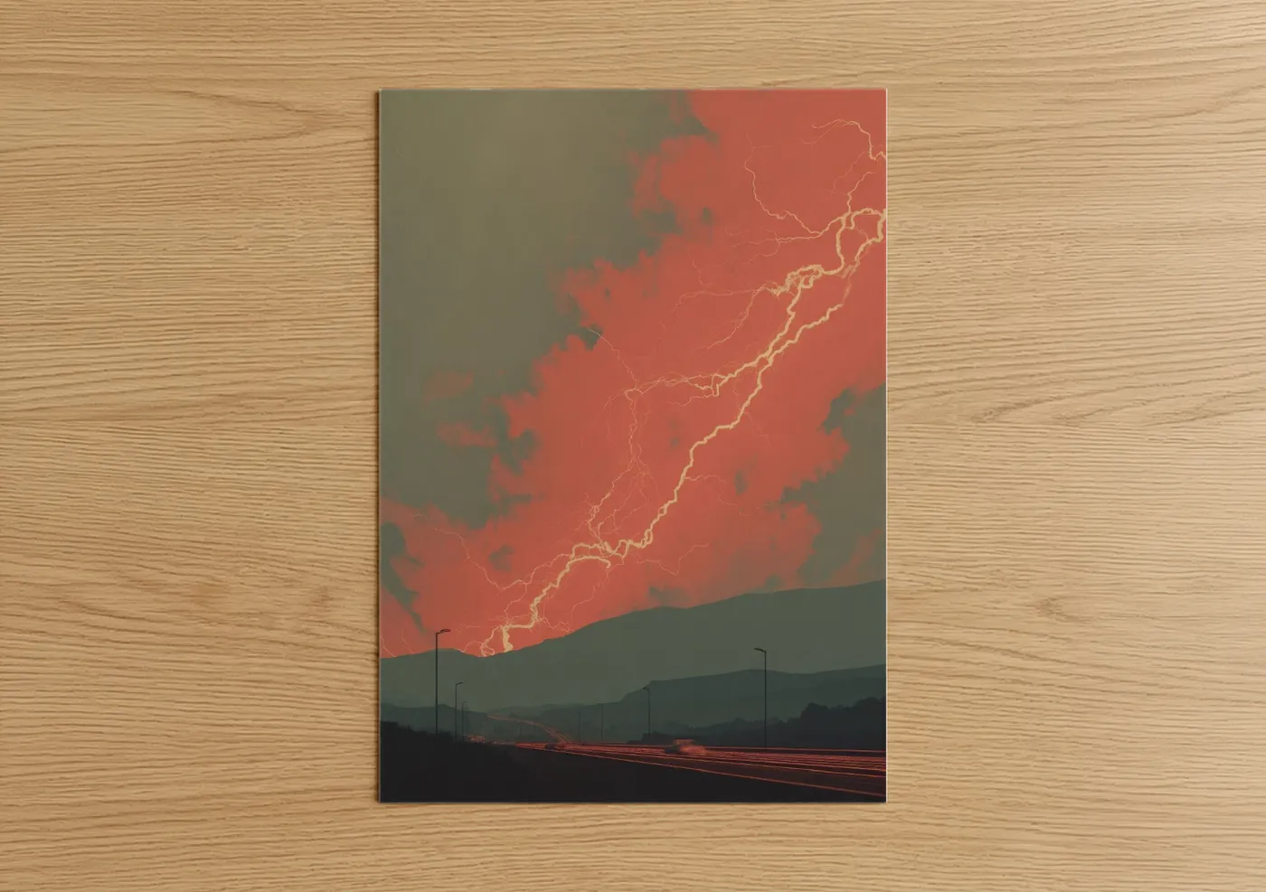 Crimson Lightning Storm Over Highway Wall Art