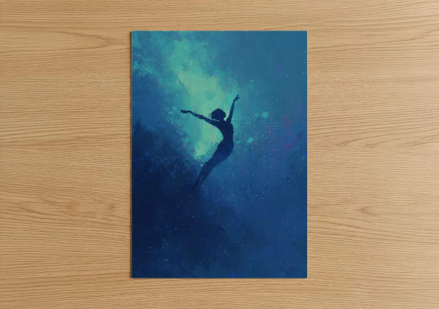 Gymnastics art print on warm oak wood — turquoise and blue palette — Ethereal Gymnast poster
