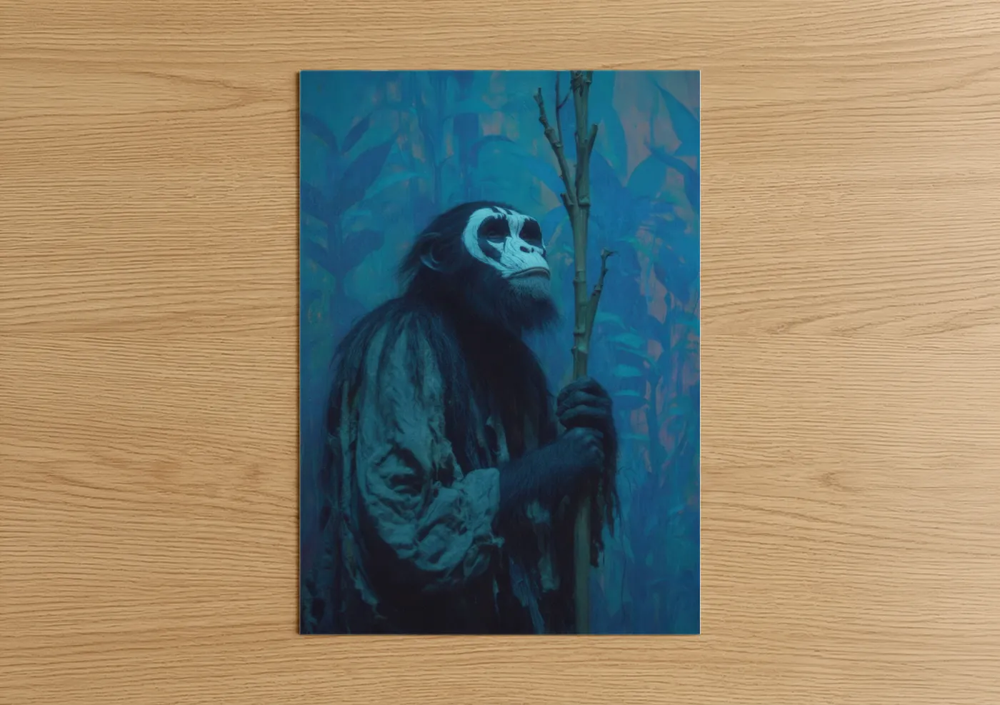 Chimpanzee art print on warm oak wood — blue and black palette — Contemplative Chimp poster