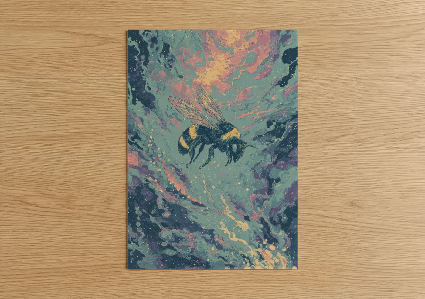 Art print on warm oak wood — teal and pink palette — Celestial Bee poster