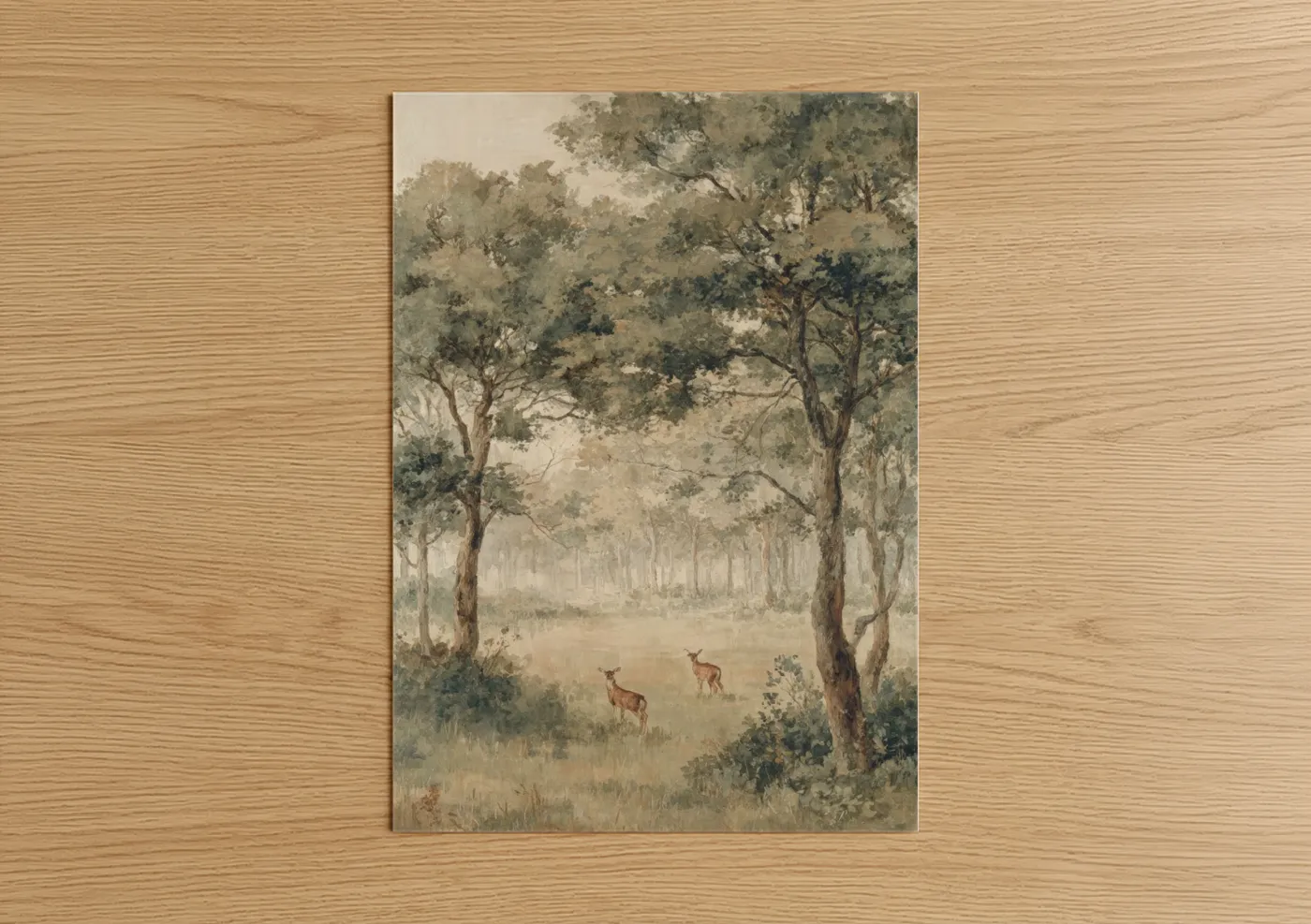 Art print on warm oak wood — beige and gray palette — Misty Oak Forest poster