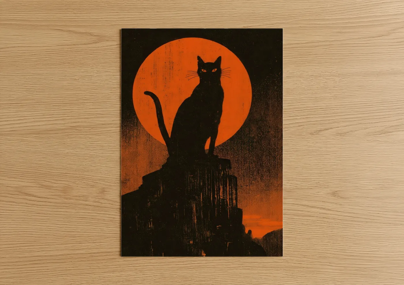Black Cat Orange Moon Silhouette Wall Art