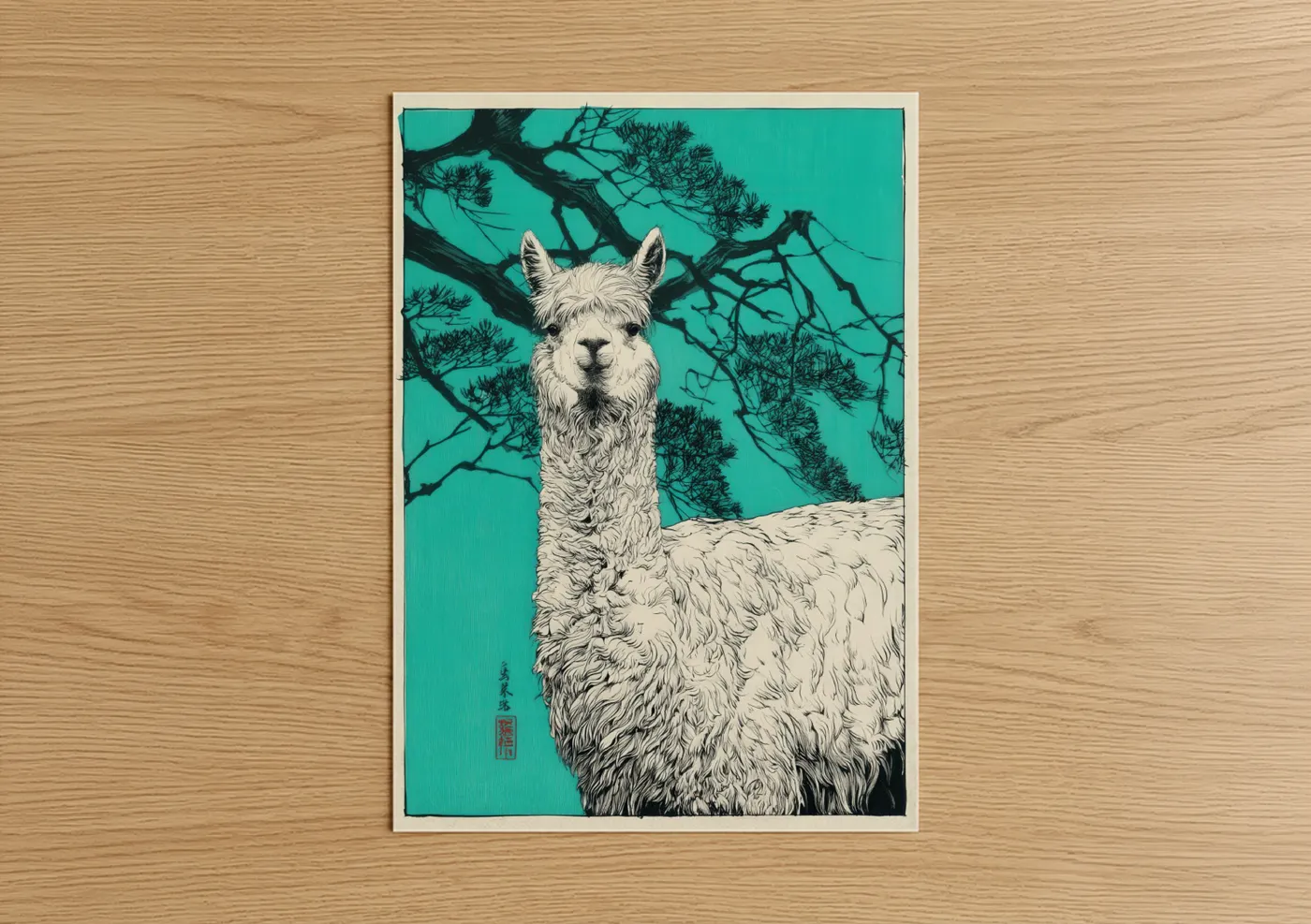 Art print on warm oak wood — turquoise and black and white palette — Turquoise Alpaca poster