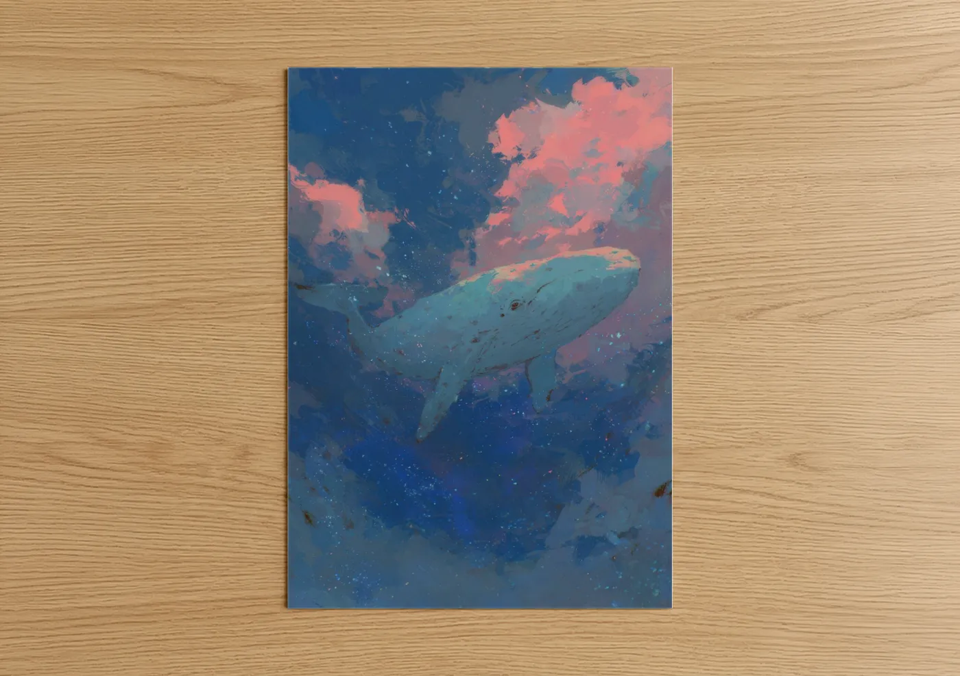 Gray whale art print on warm oak wood — blue and salmon pink palette — Celestial Whale poster