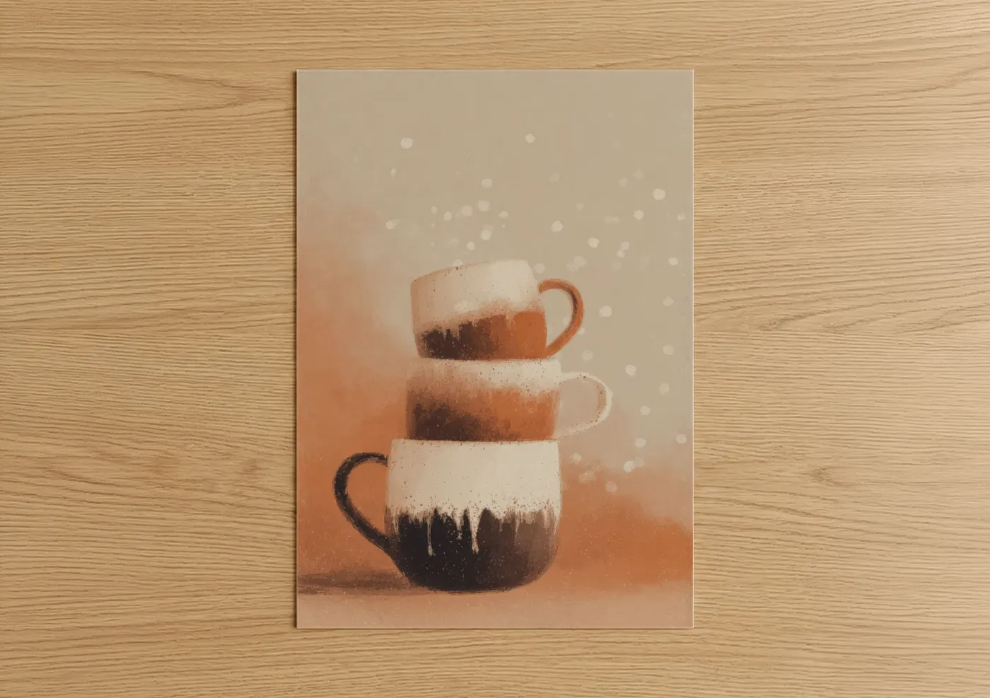 Kitchen utensils art print on warm oak wood — peach and beige palette — Stacked Coffee Mugs poster